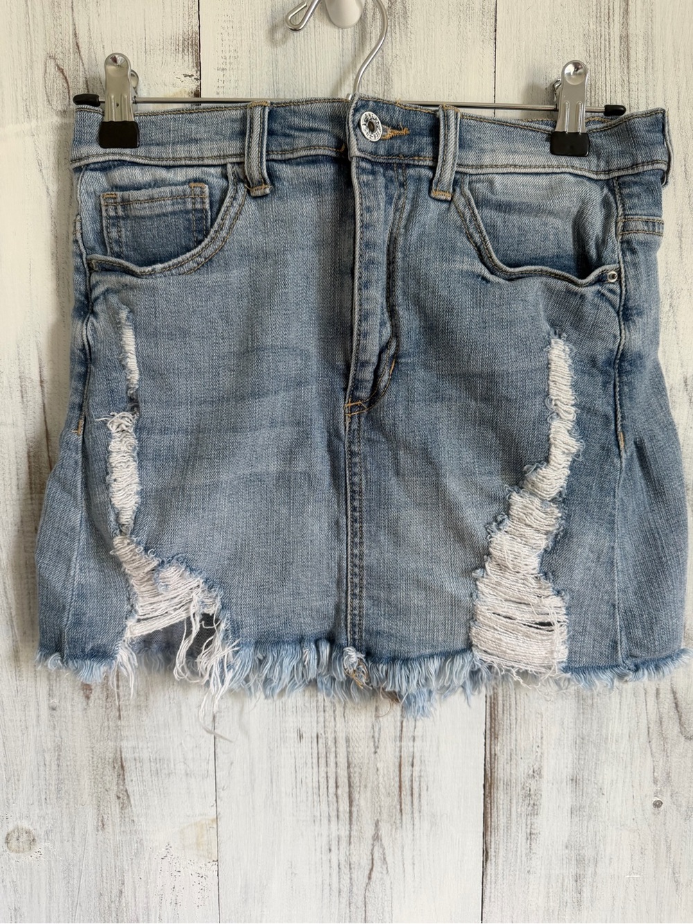 Sneak Peek Light Blue Distressed Denim Mini Skirt